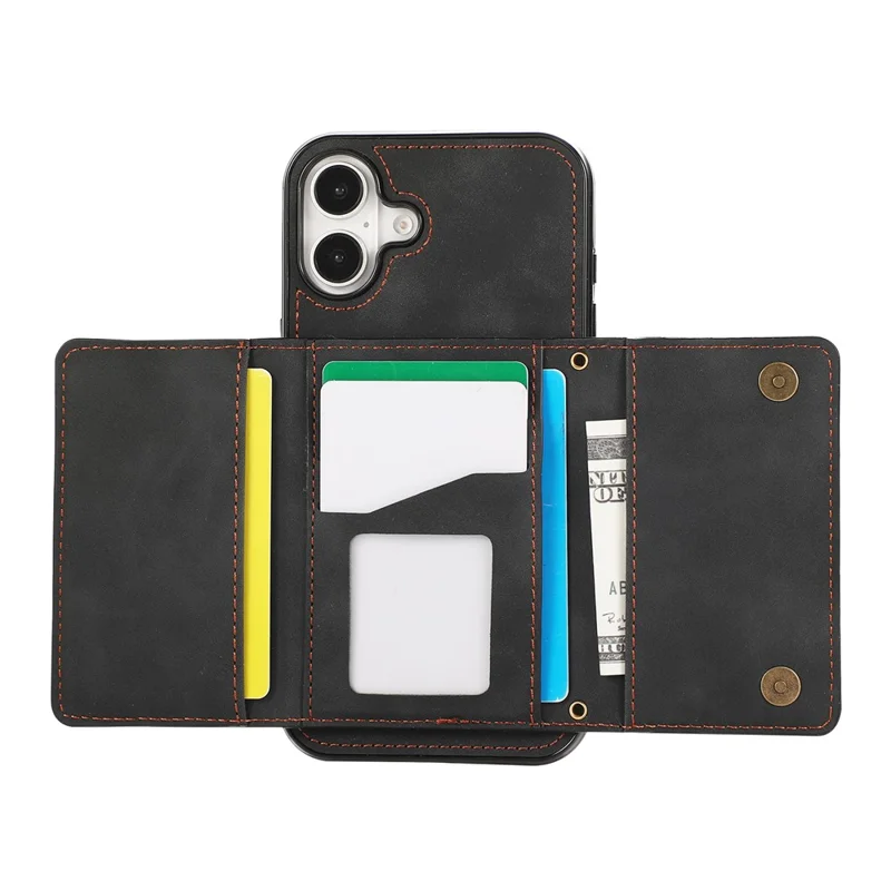 For iPhone 16 Phone Case Tri-Fold Wallet Kickstand PU Leather + TPU Back Cover - Black