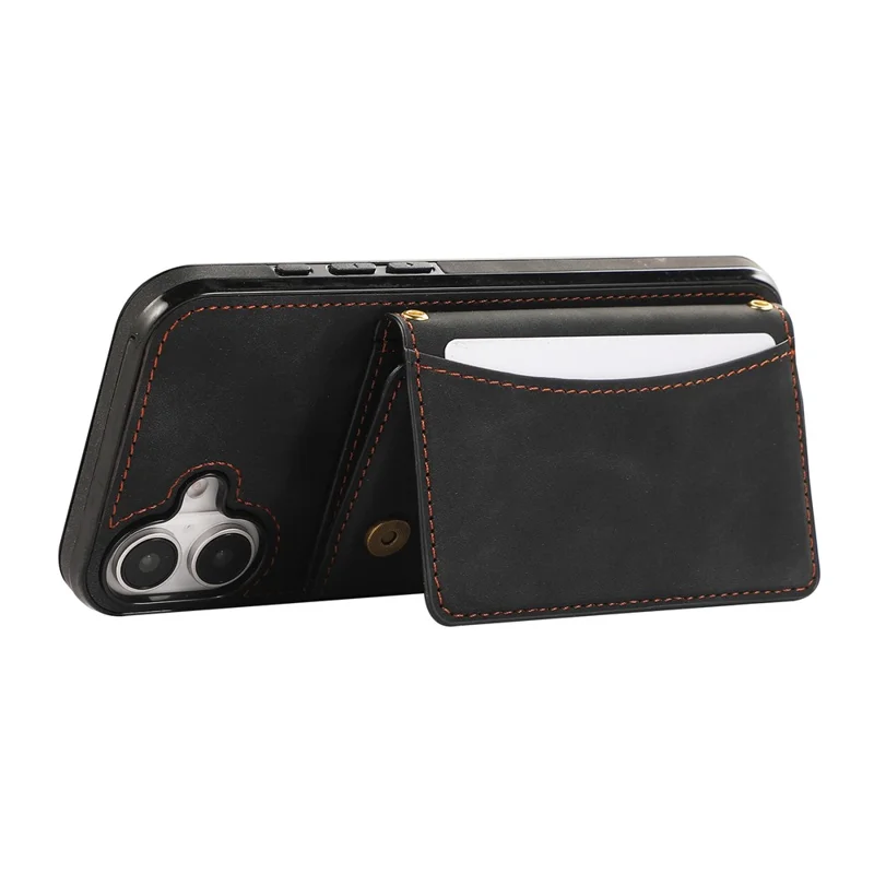 For iPhone 16 Phone Case Tri-Fold Wallet Kickstand PU Leather + TPU Back Cover - Black