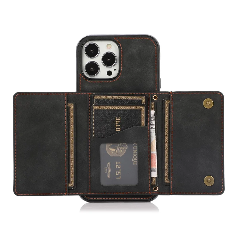 For iPhone 16 Pro Phone Case Tri-Fold Wallet Kickstand PU Leather + TPU Back Cover - Black