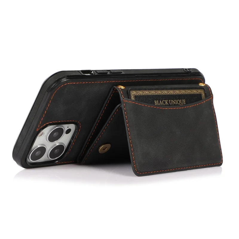 For iPhone 16 Pro Phone Case Tri-Fold Wallet Kickstand PU Leather + TPU Back Cover - Black