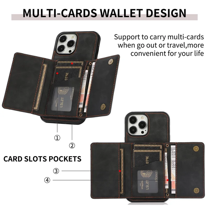 For iPhone 16 Pro Phone Case Tri-Fold Wallet Kickstand PU Leather + TPU Back Cover - Black