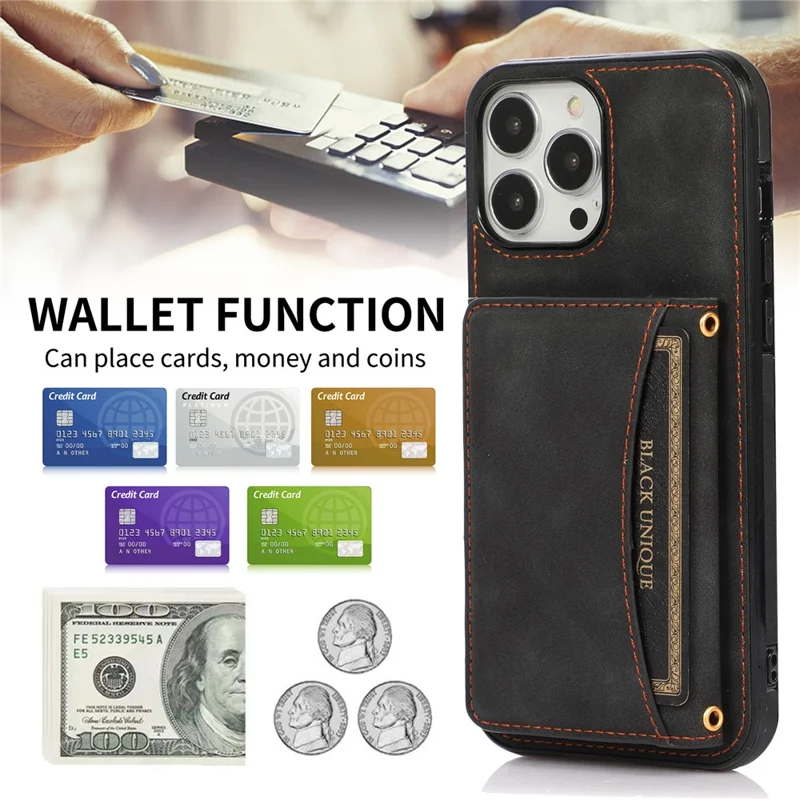 For iPhone 16 Pro Phone Case Tri-Fold Wallet Kickstand PU Leather + TPU Back Cover - Black