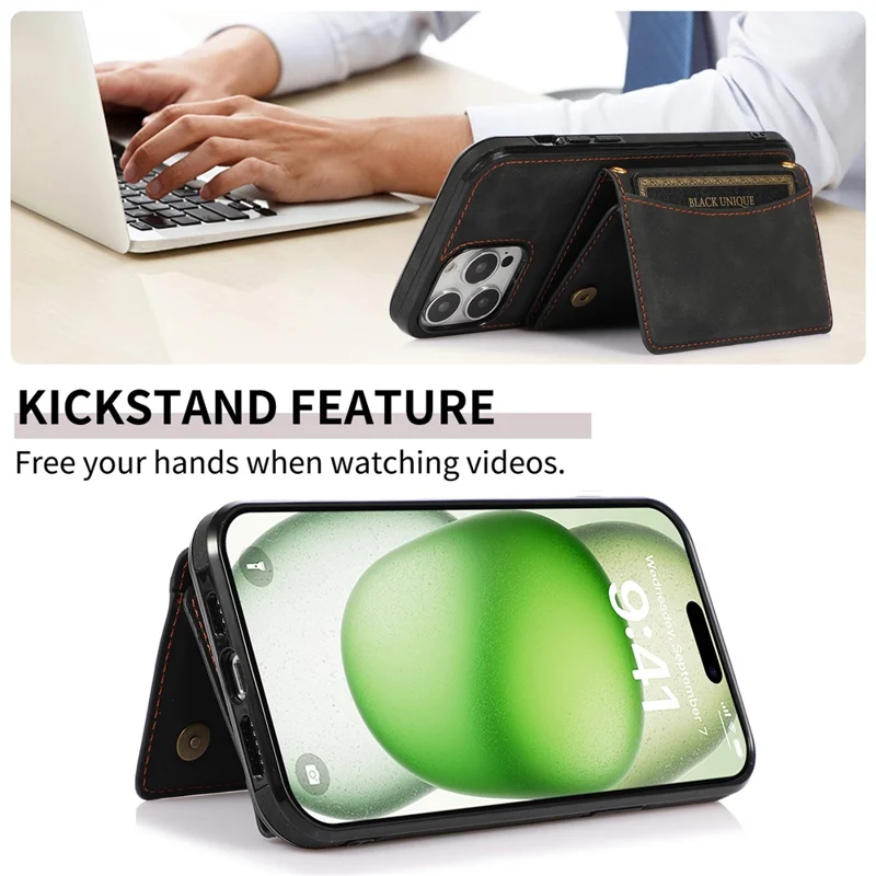 For iPhone 16 Pro Phone Case Tri-Fold Wallet Kickstand PU Leather + TPU Back Cover - Black