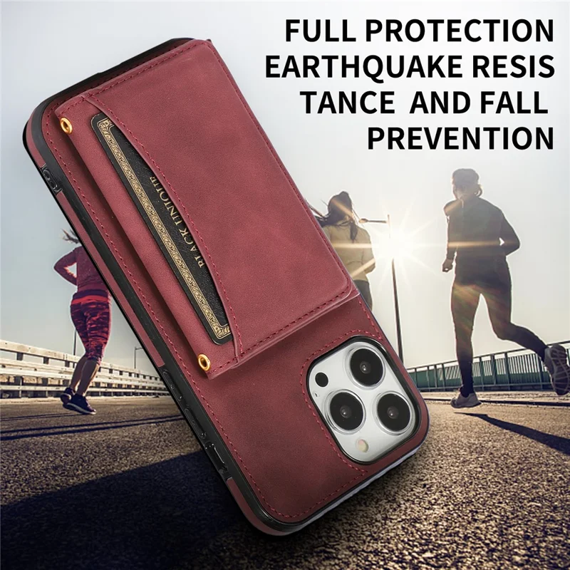 For iPhone 16 Pro Phone Case Tri-Fold Wallet Kickstand PU Leather + TPU Back Cover - Red