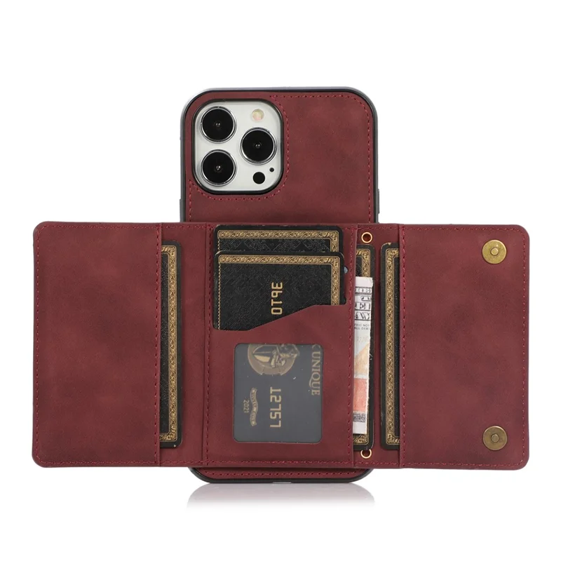 For iPhone 16 Pro Phone Case Tri-Fold Wallet Kickstand PU Leather + TPU Back Cover - Red