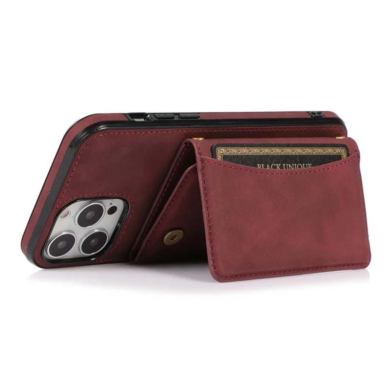 For iPhone 16 Pro Phone Case Tri-Fold Wallet Kickstand PU Leather + TPU Back Cover - Red
