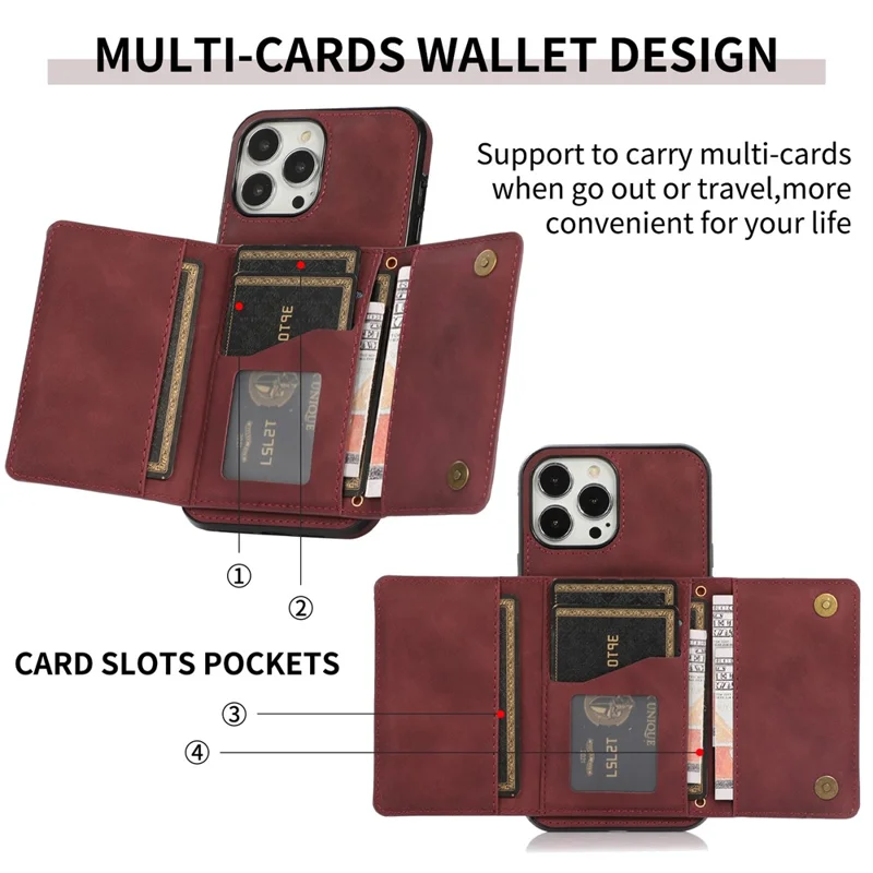 For iPhone 16 Pro Phone Case Tri-Fold Wallet Kickstand PU Leather + TPU Back Cover - Red
