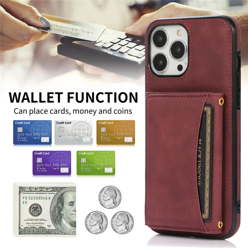 For iPhone 16 Pro Phone Case Tri-Fold Wallet Kickstand PU Leather + TPU Back Cover - Red