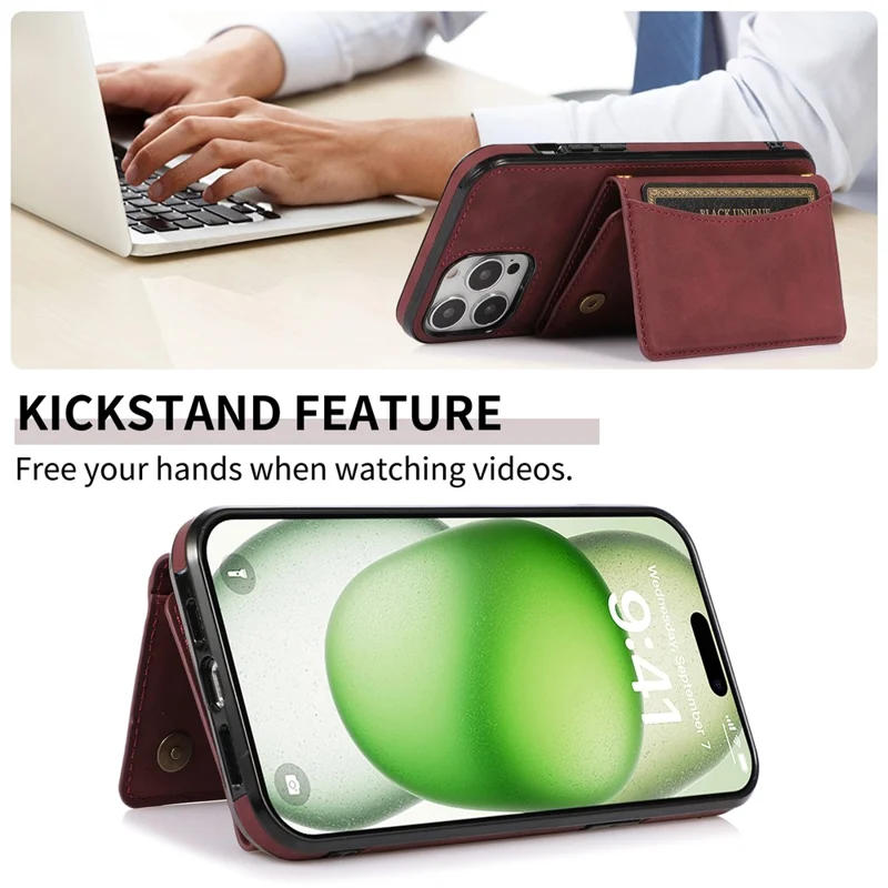 For iPhone 16 Pro Phone Case Tri-Fold Wallet Kickstand PU Leather + TPU Back Cover - Red