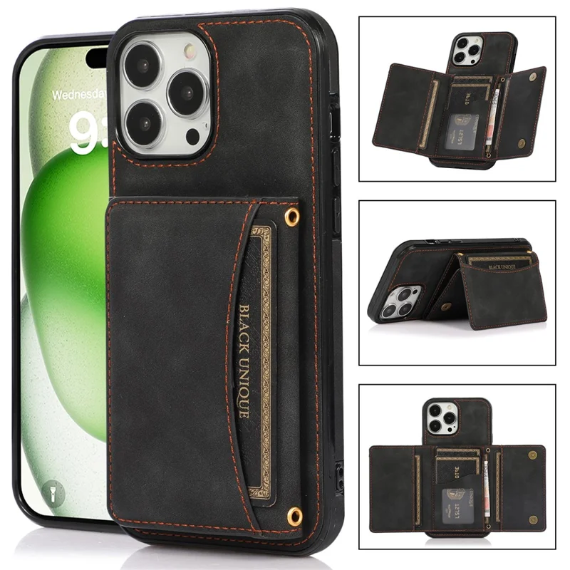 For iPhone 16 Pro Max Phone Case Tri-Fold Wallet Kickstand PU Leather + TPU Back Cover - Black