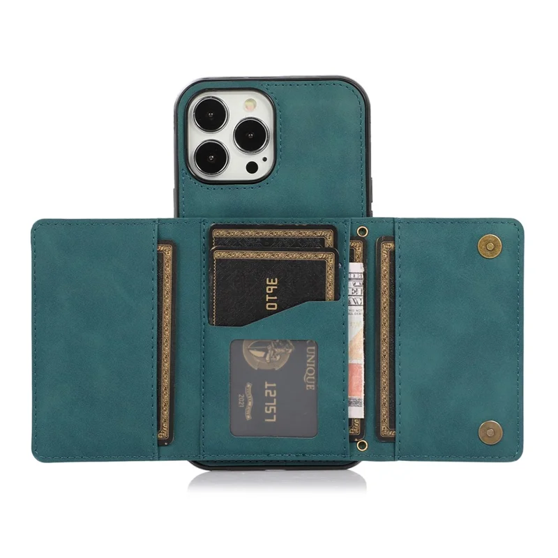 For iPhone 16 Pro Max Phone Case Tri-Fold Wallet Kickstand PU Leather + TPU Back Cover - Blue
