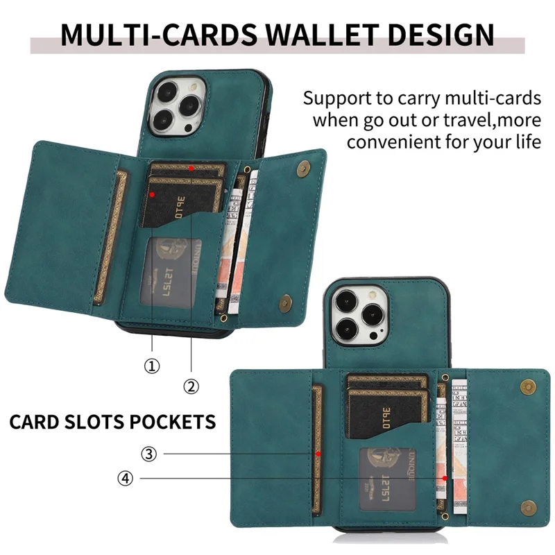 For iPhone 16 Pro Max Phone Case Tri-Fold Wallet Kickstand PU Leather + TPU Back Cover - Blue