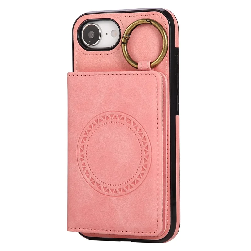 For iPhone 16e Case Card Holder Kickstand Leather + TPU Phone Cover with Ring Holder - Rose Gold