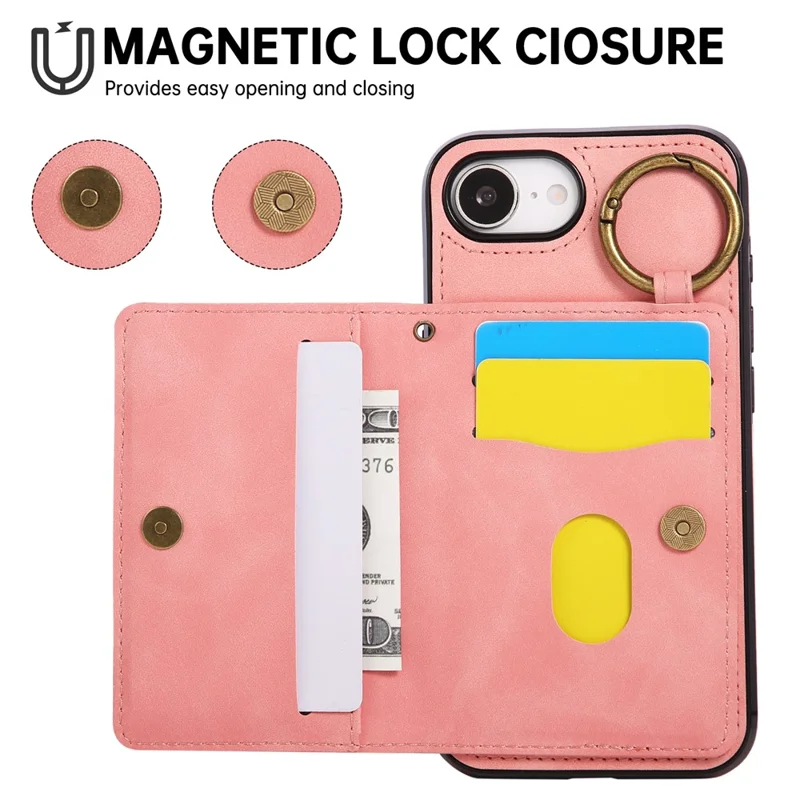 For iPhone 16e Case Card Holder Kickstand Leather + TPU Phone Cover with Ring Holder - Rose Gold