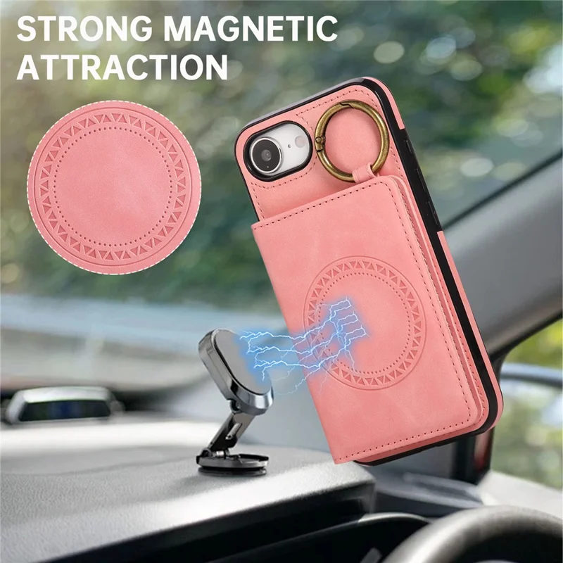 For iPhone 16e Case Card Holder Kickstand Leather + TPU Phone Cover with Ring Holder - Rose Gold