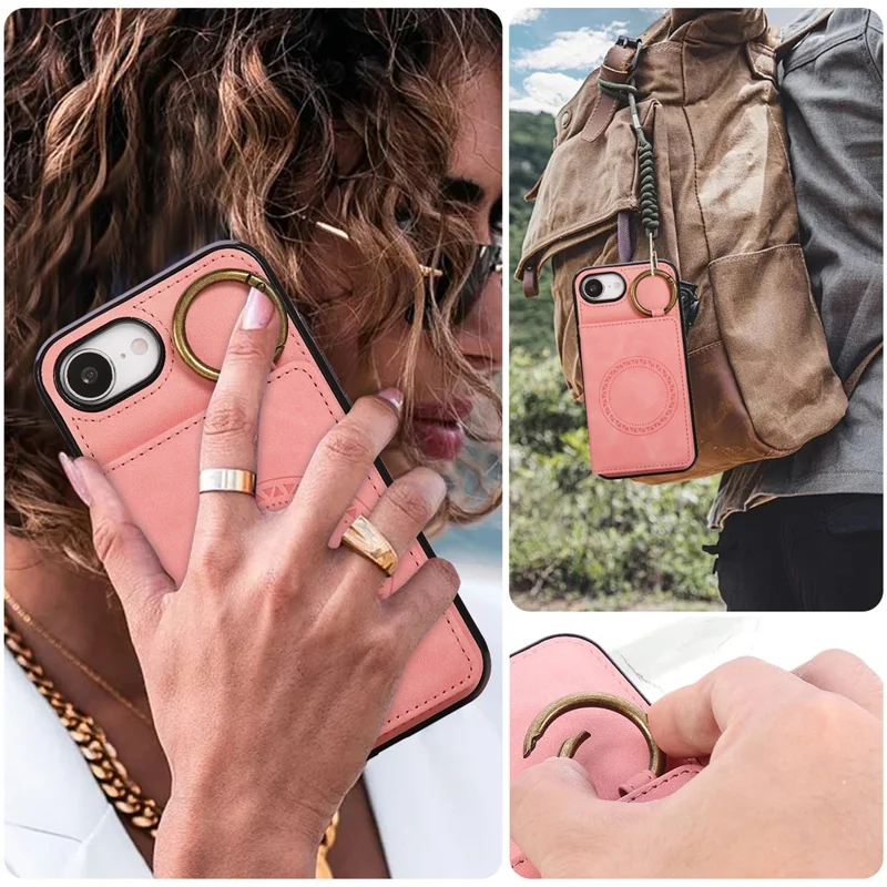 For iPhone 16e Case Card Holder Kickstand Leather + TPU Phone Cover with Ring Holder - Rose Gold