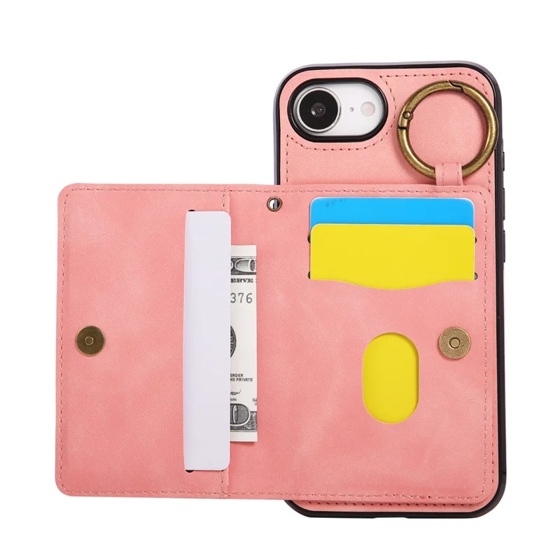 For iPhone 16e Case Card Holder Kickstand Leather + TPU Phone Cover with Ring Holder - Rose Gold
