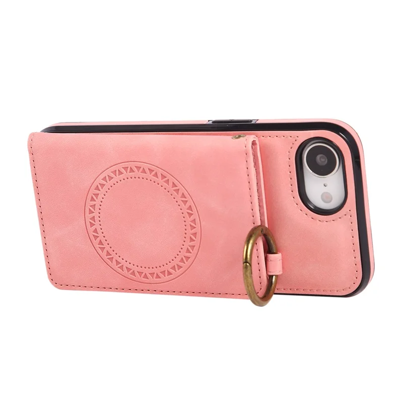 For iPhone 16e Case Card Holder Kickstand Leather + TPU Phone Cover with Ring Holder - Rose Gold
