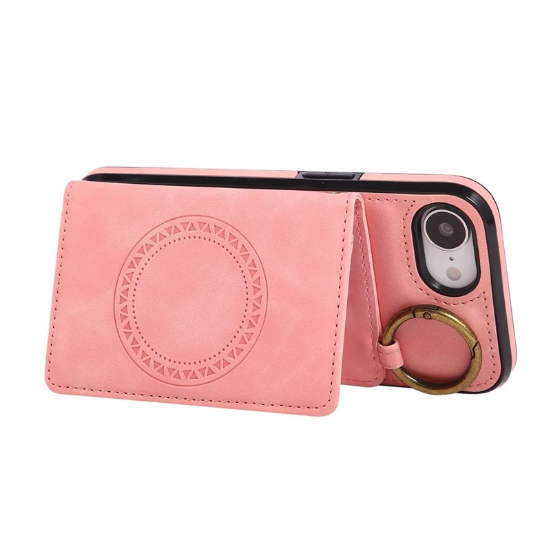 For iPhone 16e Case Card Holder Kickstand Leather + TPU Phone Cover with Ring Holder - Rose Gold