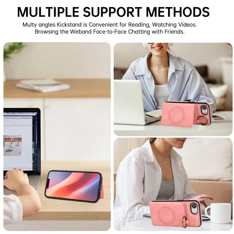For iPhone 16e Case Card Holder Kickstand Leather + TPU Phone Cover with Ring Holder - Rose Gold