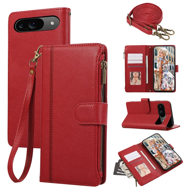For Google Pixel 9 / 9 Pro Case Multi Card Slots Zipper Leather Phone Cover with Shoulder Strap / Wrist Strap - Red