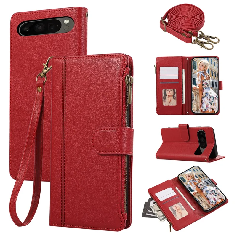 For Google Pixel 9 Pro XL Case Multi Card Slots Zipper Leather Phone Cover with Shoulder Strap / Wrist Strap - Red