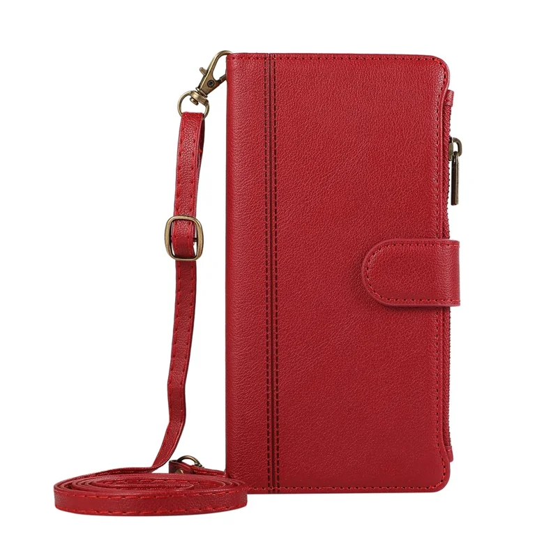 For Google Pixel 9 Pro XL Case Multi Card Slots Zipper Leather Phone Cover with Shoulder Strap / Wrist Strap - Red