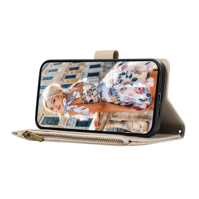 For Xiaomi 14T Case Multi Card Slots Zipper Leather Phone Cover with Shoulder Strap / Wrist Strap - Beige