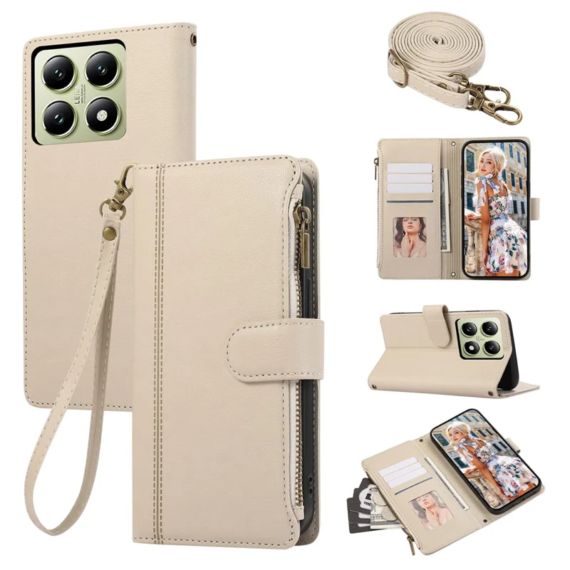 For Xiaomi 14T Pro Case Multi Card Slots Zipper Leather Phone Cover with Shoulder Strap / Wrist Strap - Beige