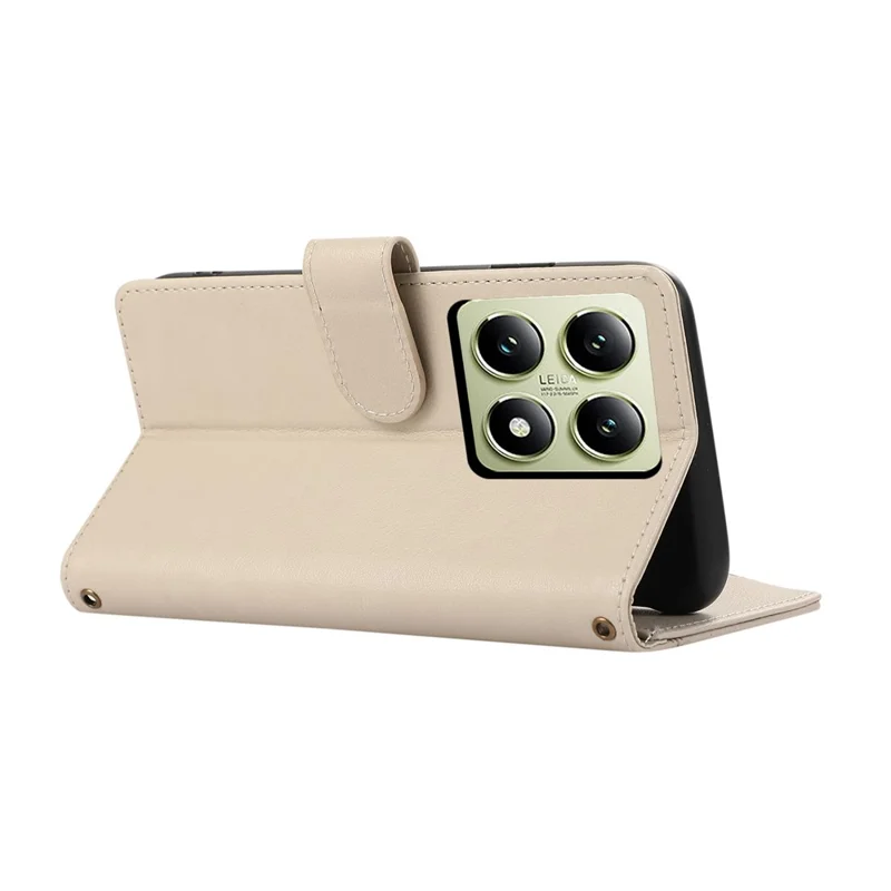 For Xiaomi 14T Pro Case Multi Card Slots Zipper Leather Phone Cover with Shoulder Strap / Wrist Strap - Beige