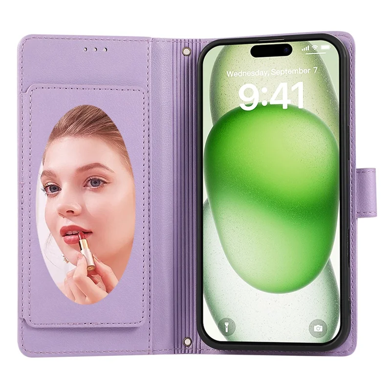 Capa para iPhone 16 com vários slots para cartões, zíper e alça de ombro / alça de pulso - Roxo