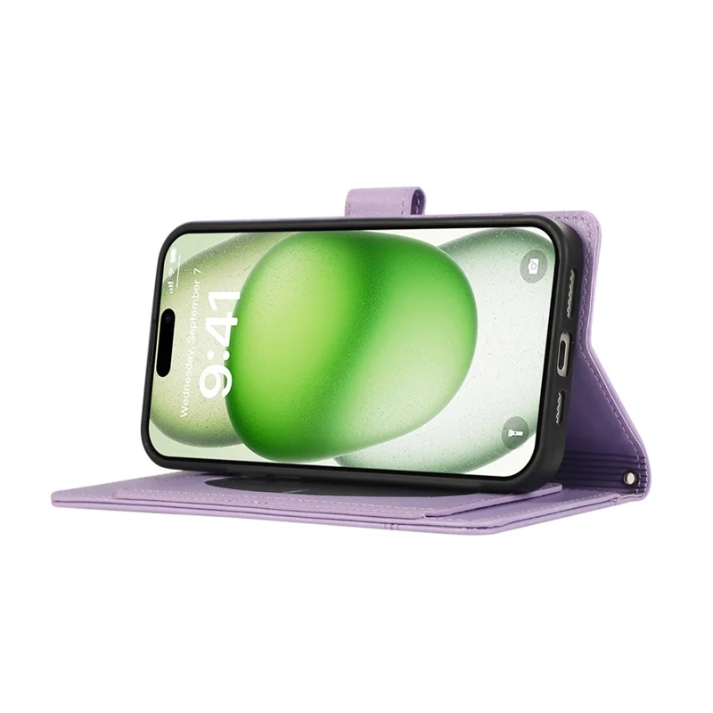 Capa para iPhone 16 com vários slots para cartões, zíper e alça de ombro / alça de pulso - Roxo