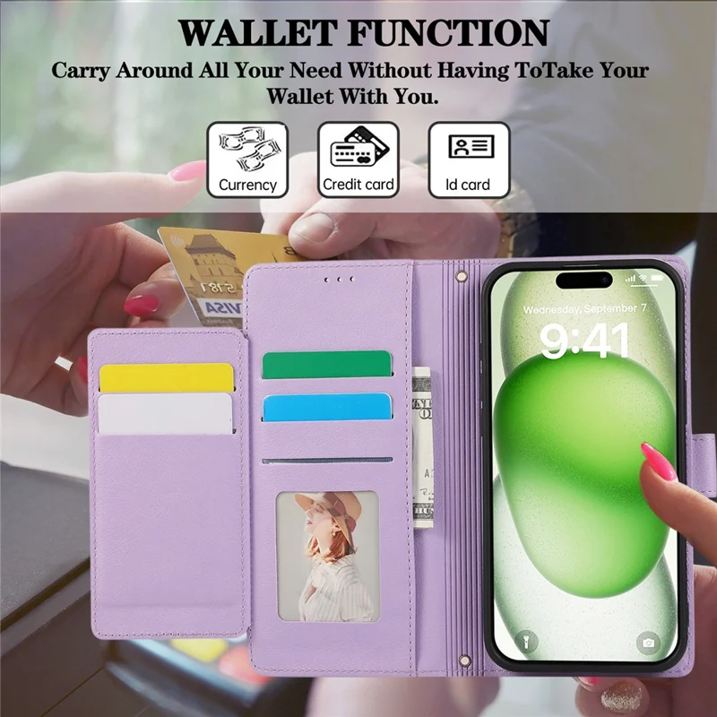 Capa para iPhone 16 com vários slots para cartões, zíper e alça de ombro / alça de pulso - Roxo
