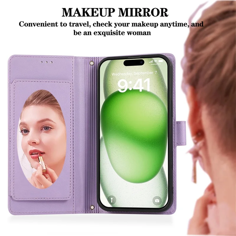 Capa para iPhone 16 com vários slots para cartões, zíper e alça de ombro / alça de pulso - Roxo