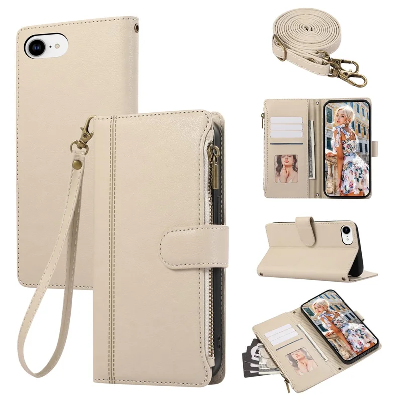 For iPhone 16e Case Multi Card Slots Zipper Leather Phone Cover with Shoulder Strap / Wrist Strap - Beige