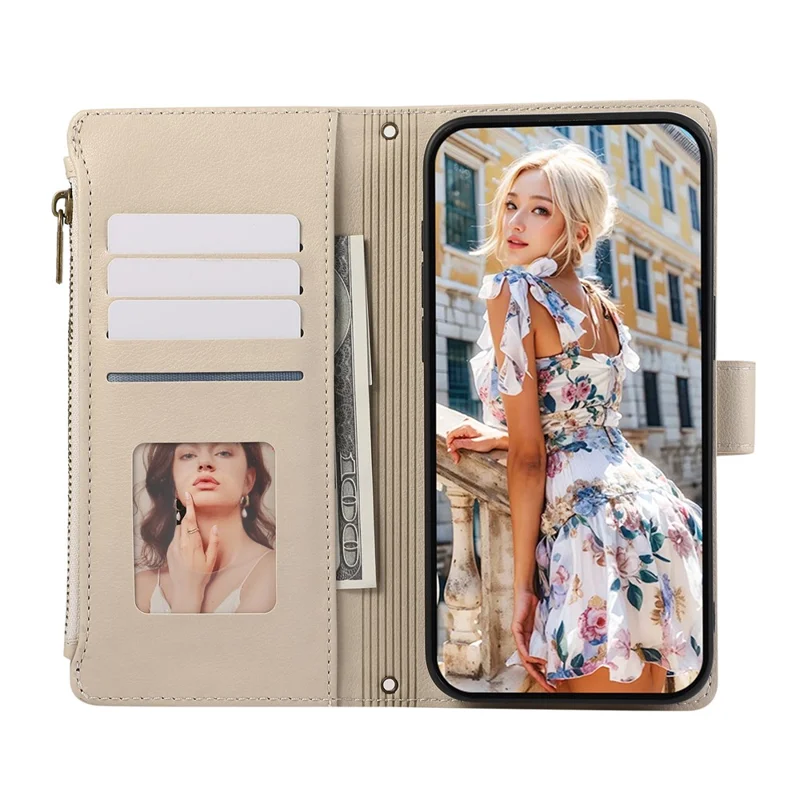 For iPhone 16e Case Multi Card Slots Zipper Leather Phone Cover with Shoulder Strap / Wrist Strap - Beige