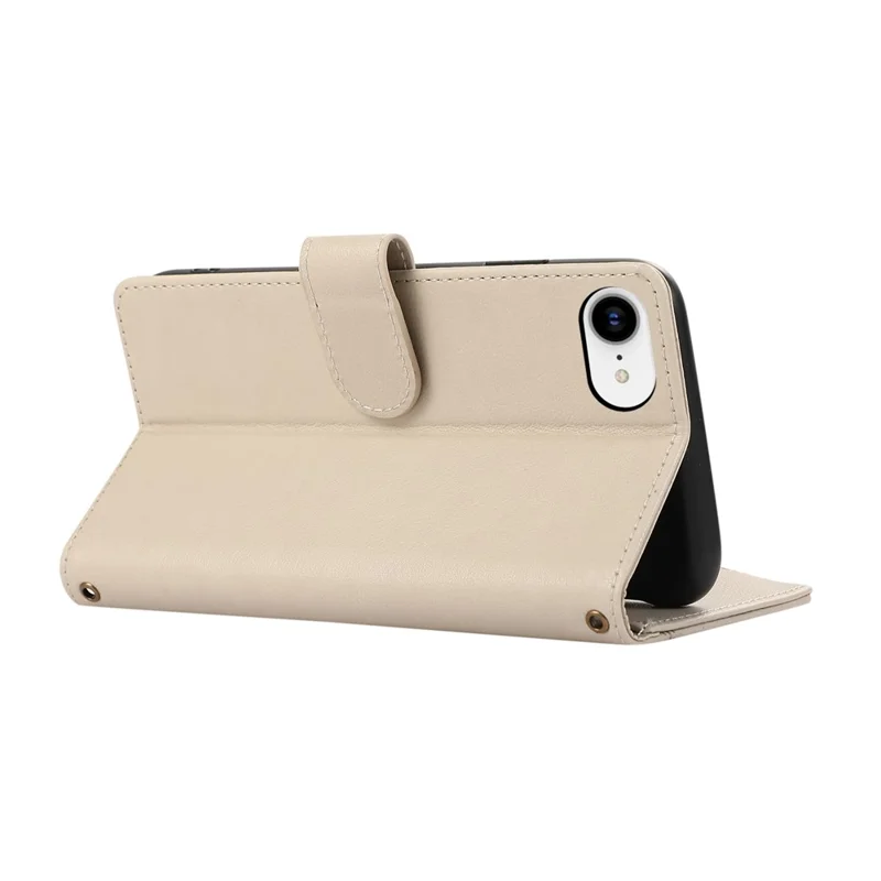 For iPhone 16e Case Multi Card Slots Zipper Leather Phone Cover with Shoulder Strap / Wrist Strap - Beige