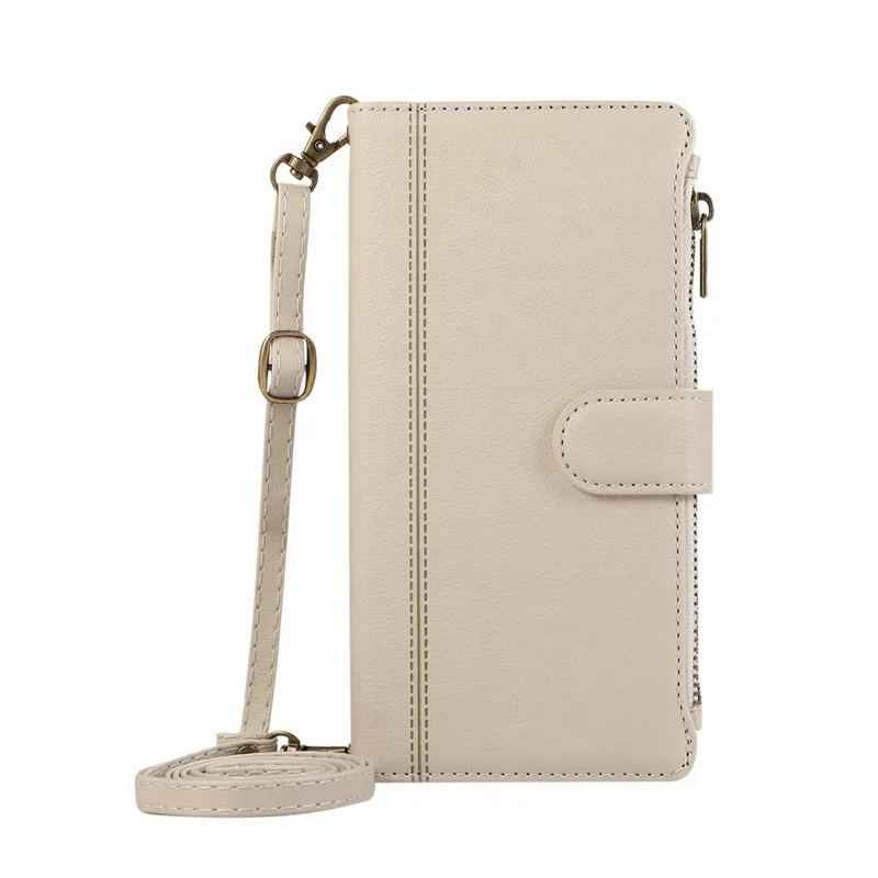 For iPhone 16e Case Multi Card Slots Zipper Leather Phone Cover with Shoulder Strap / Wrist Strap - Beige