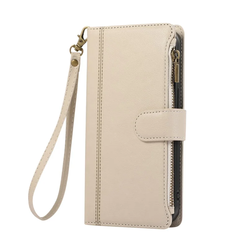 For iPhone 16e Case Multi Card Slots Zipper Leather Phone Cover with Shoulder Strap / Wrist Strap - Beige