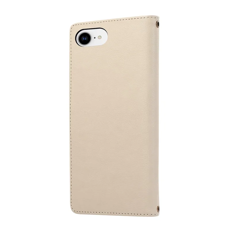 For iPhone 16e Case Multi Card Slots Zipper Leather Phone Cover with Shoulder Strap / Wrist Strap - Beige
