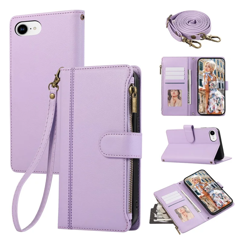 For iPhone 17e / 16e Case Multi Card Slots Zipper Leather Phone Cover with Shoulder Strap / Wrist Strap - Purple
