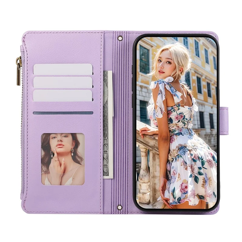 For iPhone 17e / 16e Case Multi Card Slots Zipper Leather Phone Cover with Shoulder Strap / Wrist Strap - Purple
