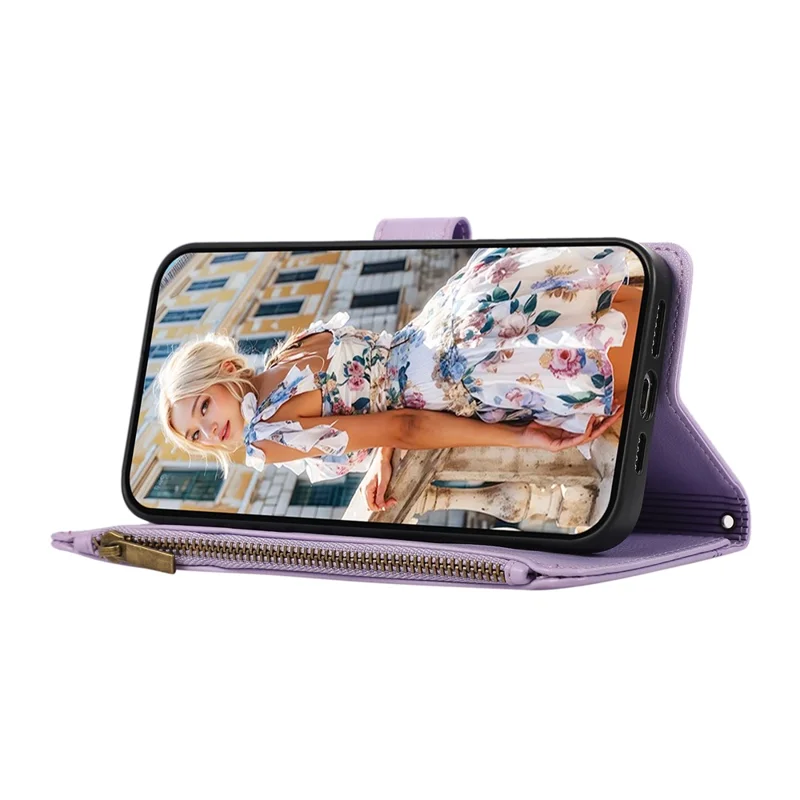 For iPhone 17e / 16e Case Multi Card Slots Zipper Leather Phone Cover with Shoulder Strap / Wrist Strap - Purple