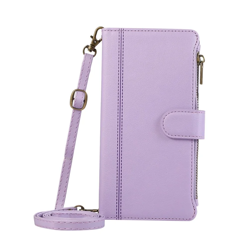 For iPhone 17e / 16e Case Multi Card Slots Zipper Leather Phone Cover with Shoulder Strap / Wrist Strap - Purple