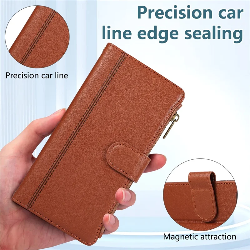 For iPhone 15 Pro Case Multi Card Slots Zipper Leather Phone Cover with Shoulder Strap / Wrist Strap - Brown