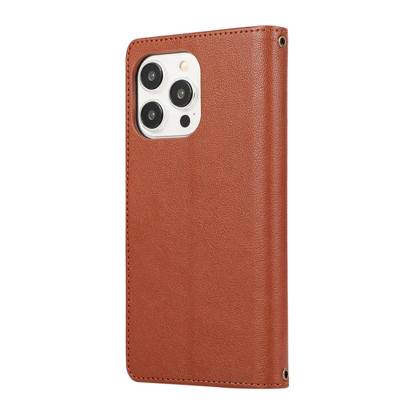 For iPhone 15 Pro Case Multi Card Slots Zipper Leather Phone Cover with Shoulder Strap / Wrist Strap - Brown