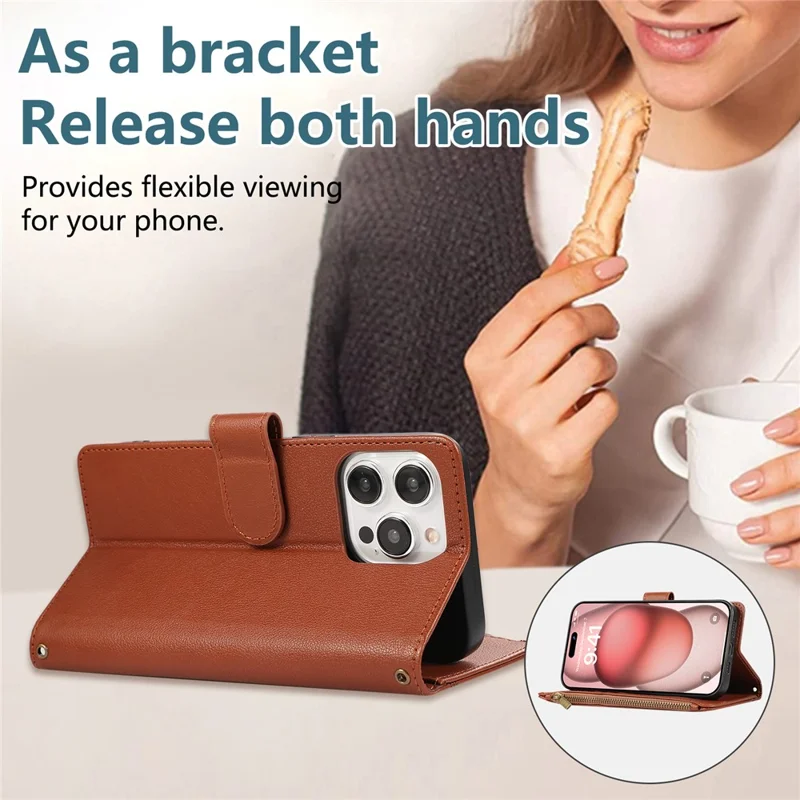 For iPhone 15 Pro Case Multi Card Slots Zipper Leather Phone Cover with Shoulder Strap / Wrist Strap - Brown