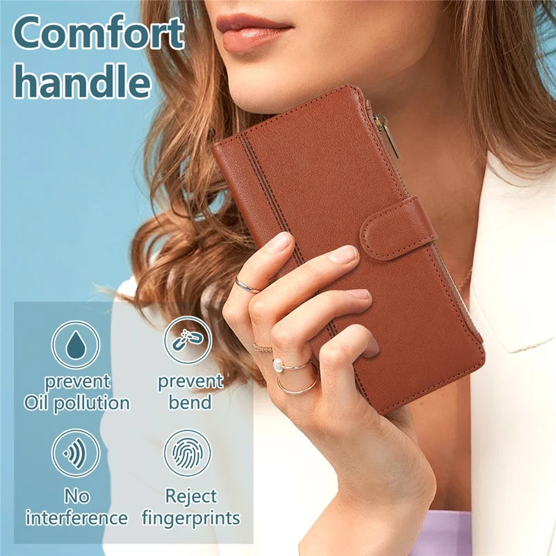 For iPhone 15 Pro Case Multi Card Slots Zipper Leather Phone Cover with Shoulder Strap / Wrist Strap - Brown
