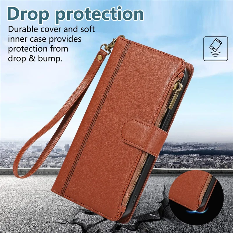 For iPhone 15 Pro Case Multi Card Slots Zipper Leather Phone Cover with Shoulder Strap / Wrist Strap - Brown