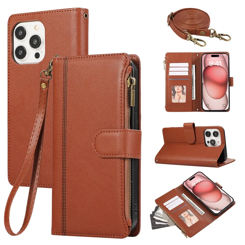 For iPhone 15 Pro Max Case Multi Card Slots Zipper Leather Phone Cover with Shoulder Strap / Wrist Strap - Brown